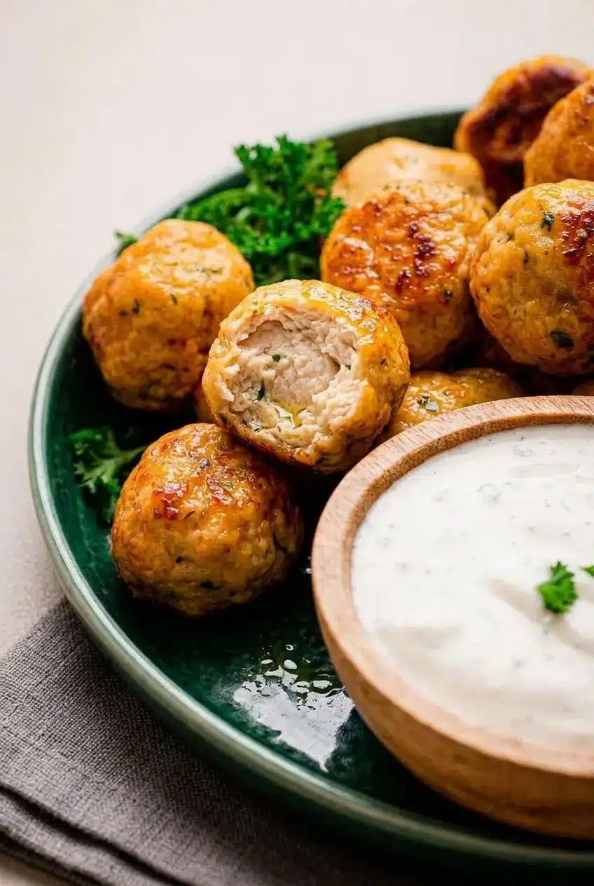 Close-up of a broken ranch chicken meatball showing a juicy interior and seared crust