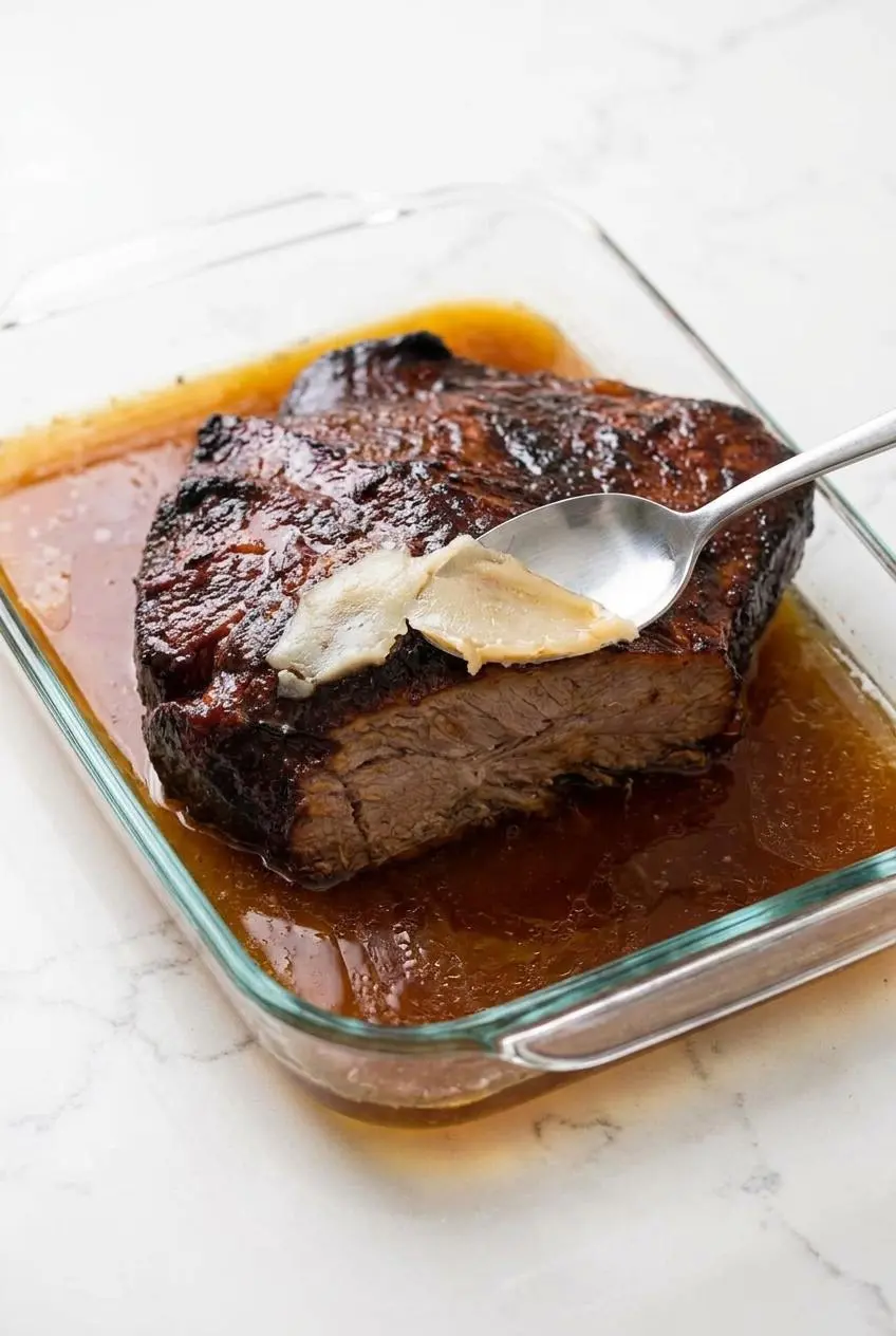 Spoon removing solidified chilled fat layer from braised brisket juices in a glass dish.