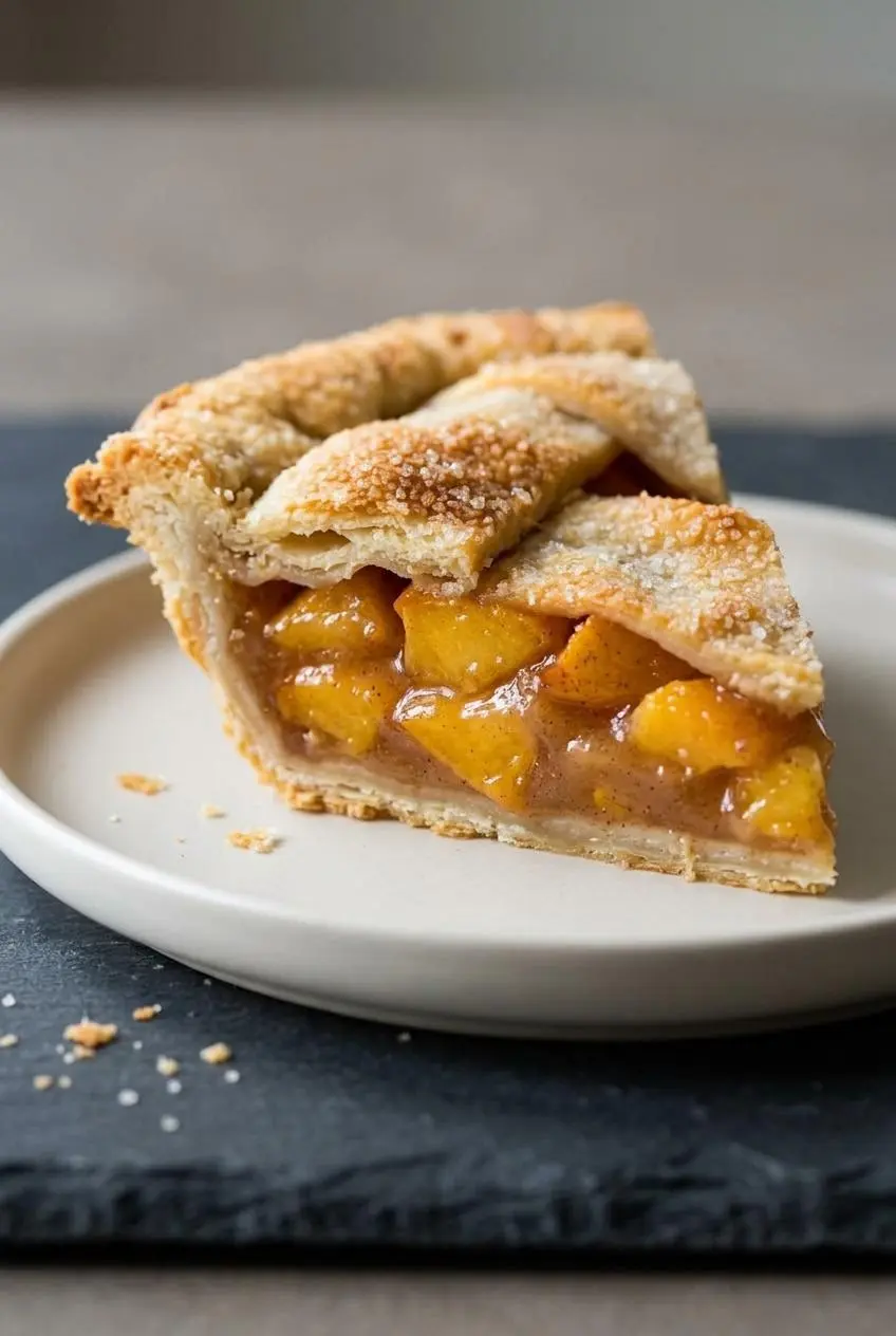 Clean slice of peach pie on a ceramic plate showing thick spiced filling and crisp flaky crust.