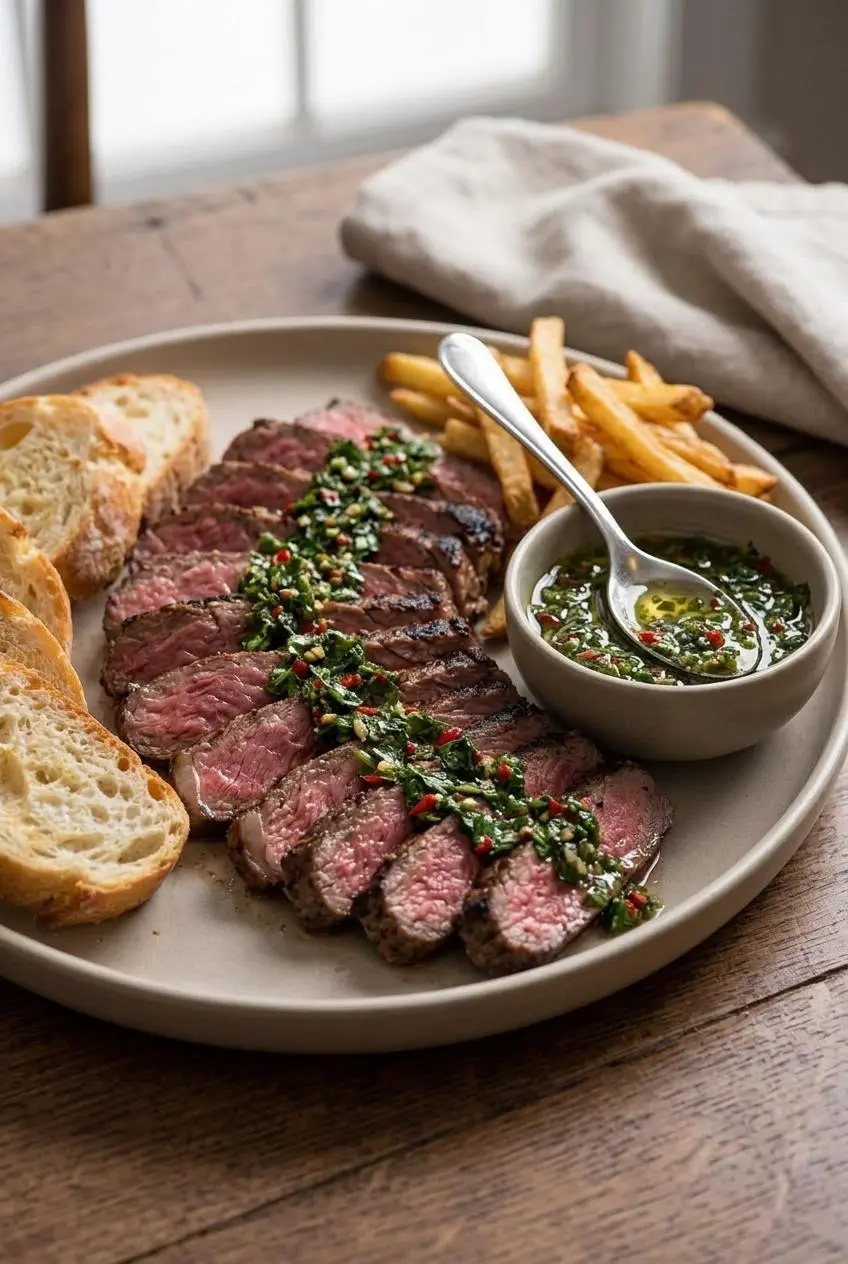 Fanned slices of steak cut across the grain served on a platter with chimichurri and crispy fries.