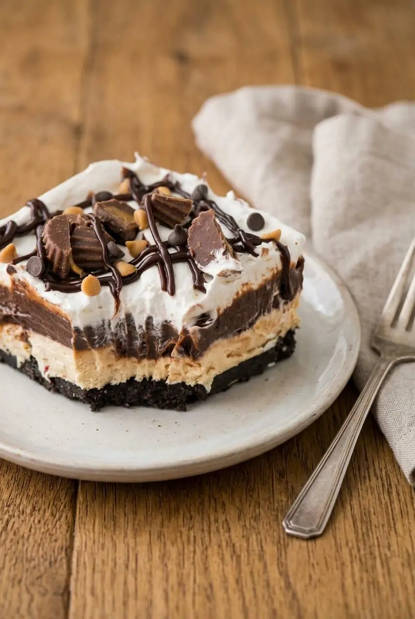 Neatly sliced square of chocolate peanut butter lasagna topped with peanut butter cups and chocolate drizzle.