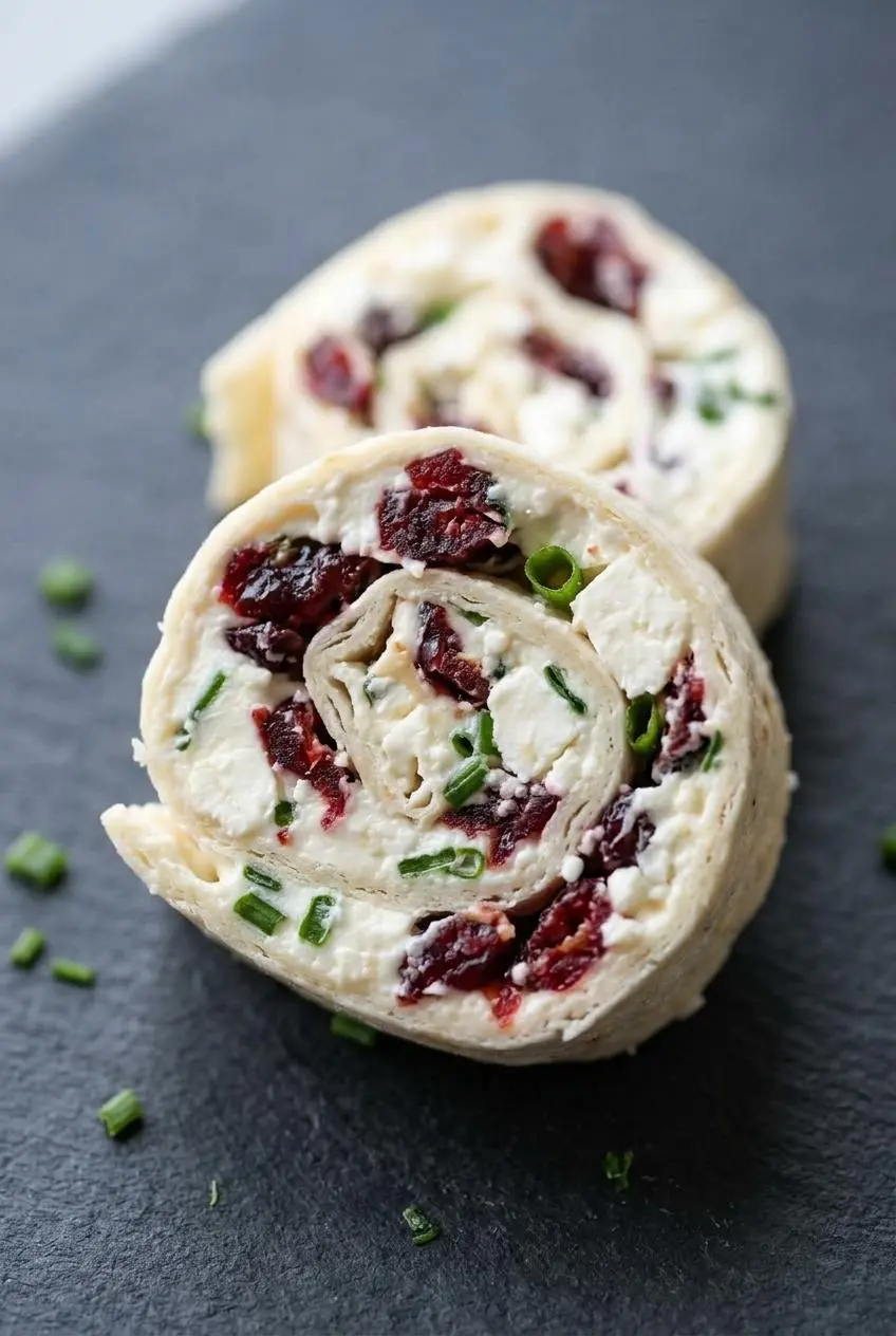 Close-up of cleanly sliced cranberry feta pinwheels showing neat circular spirals with no filling smears.