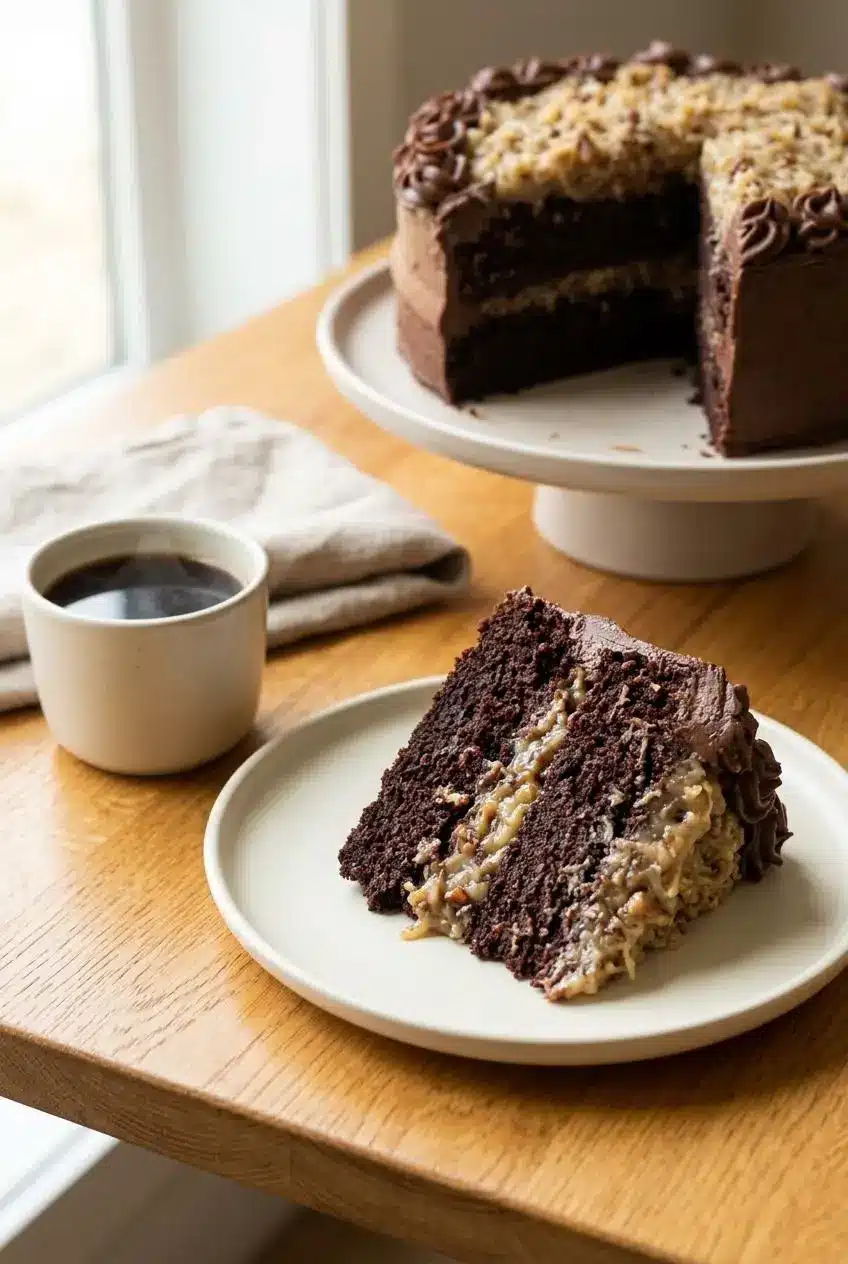 Upright slice of german chocolate cake served on a dessert plate alongside a cup of black coffee.