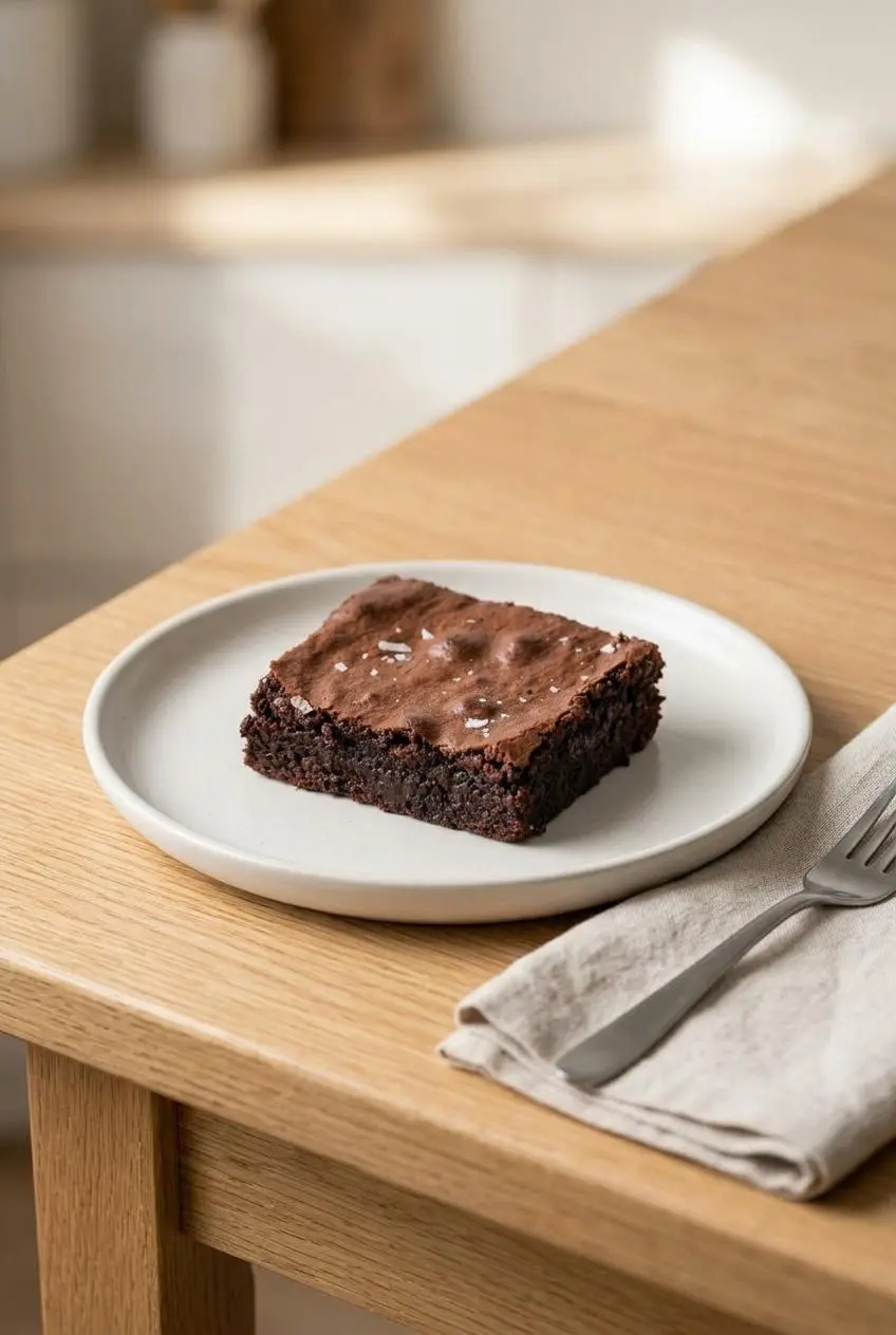 Freshly sliced gluten-free brownie squares arranged on a ceramic serving plate.