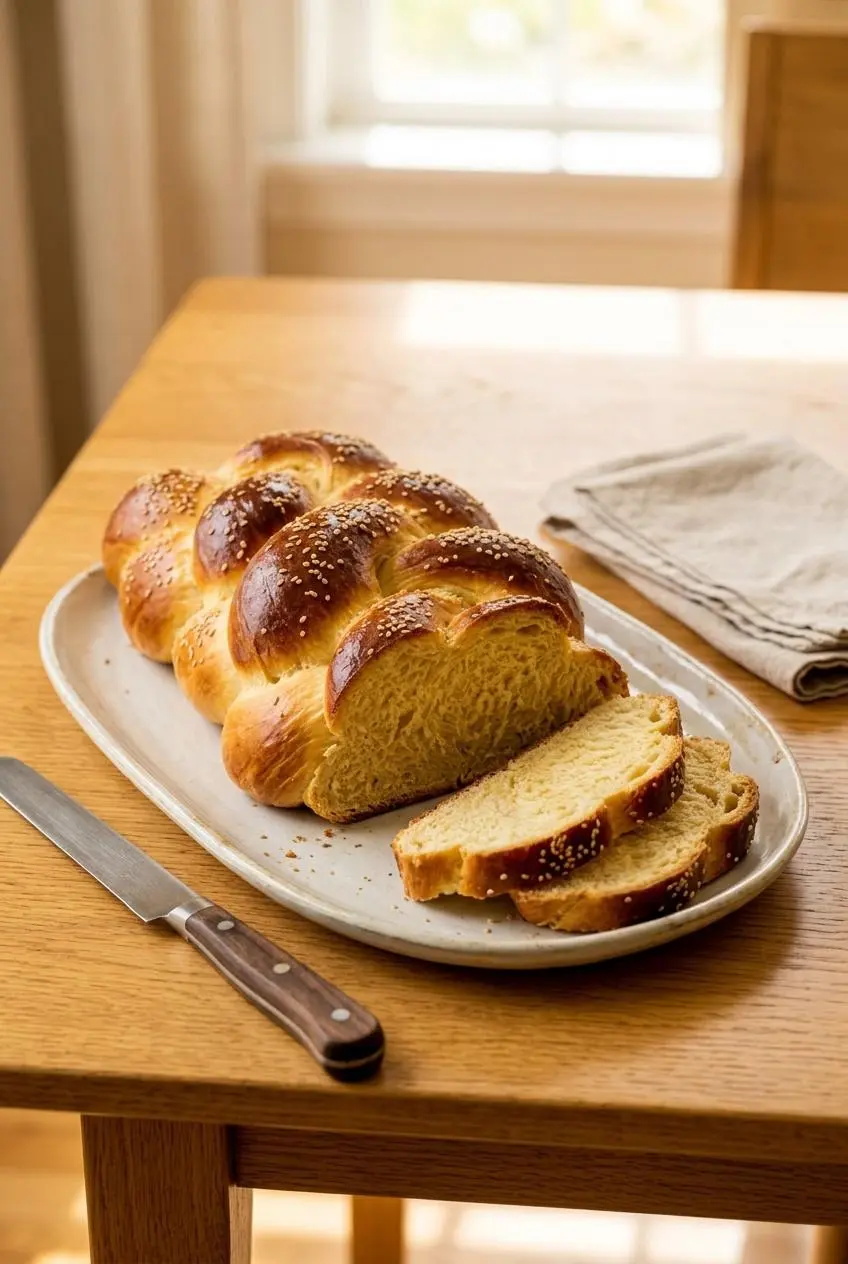 Sliced six-strand challah loaf on a white platter showing the feathery yellow interior