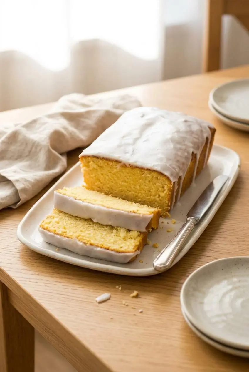 Thick slices of glazed lemon loaf on a white ceramic serving platter