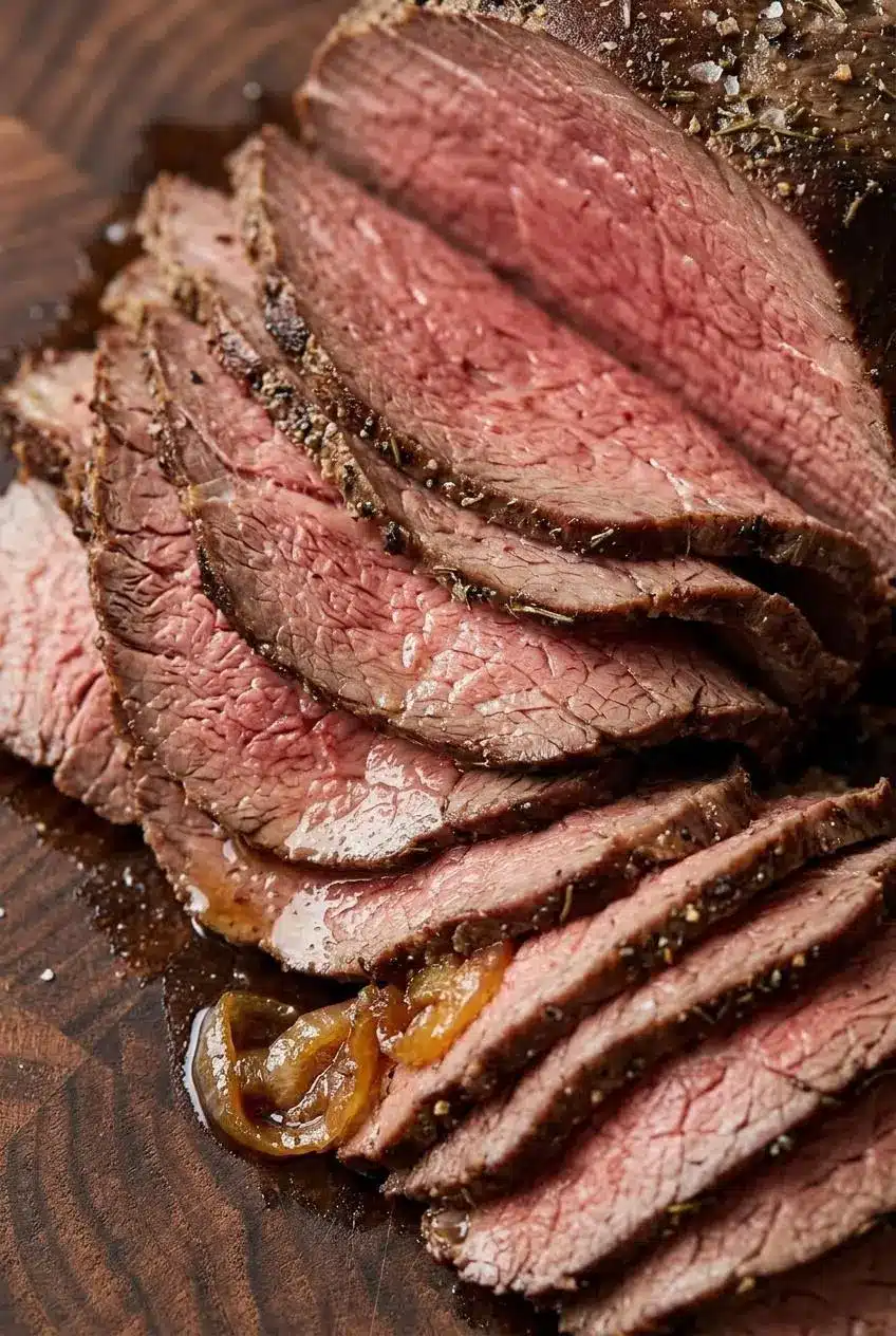 Thinly carved medium-rare roast beef slices fanned across a wooden cutting board showing a juicy pink center.
