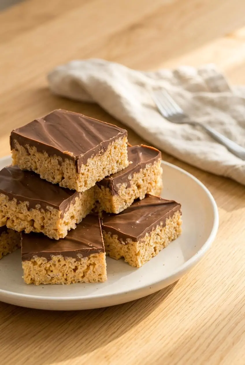 Neatly sliced peanut butter rice krispie treats stacked on an off-white ceramic plate on a sunny table.