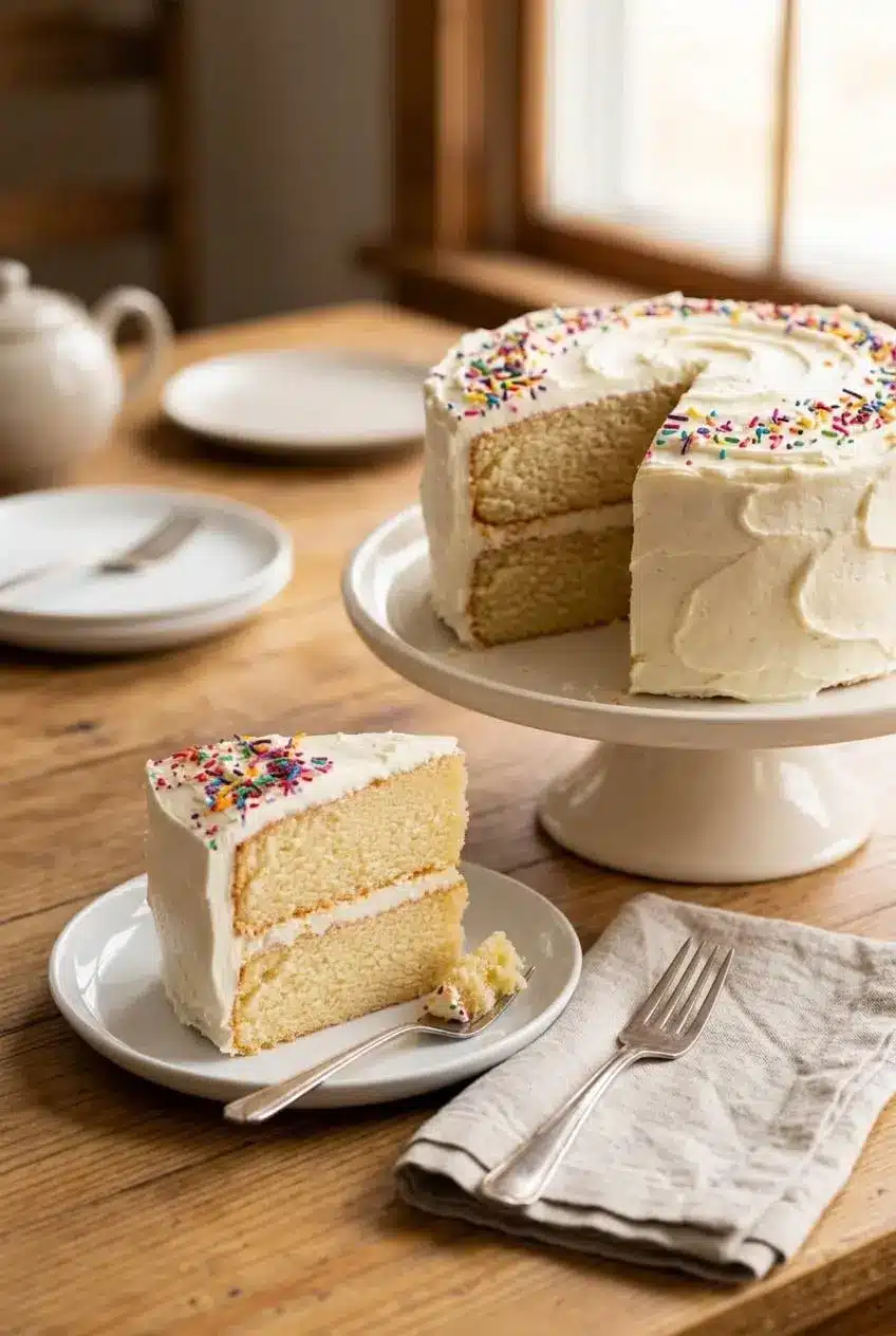 Frosted two-layer vanilla cake on an off-white stand with a plated slice and dessert fork.