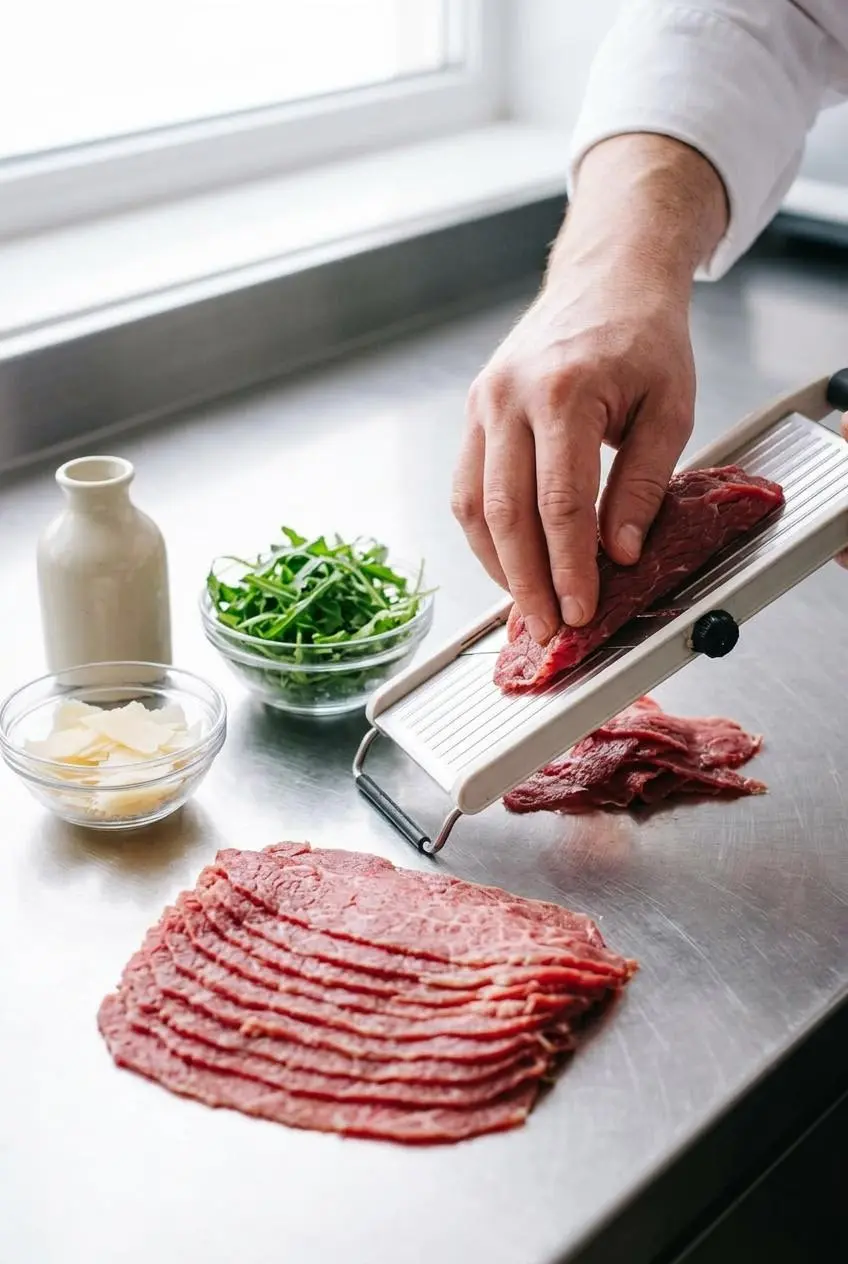 Chilled beef tenderloin sliced across the grain on a wooden board beside a sharp knife and culinary parchment paper.