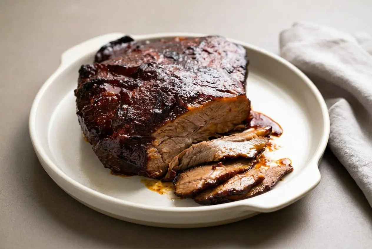Slow cooker brisket recipe featuring tender sliced beef with a glossy caramelized barbecue glaze.