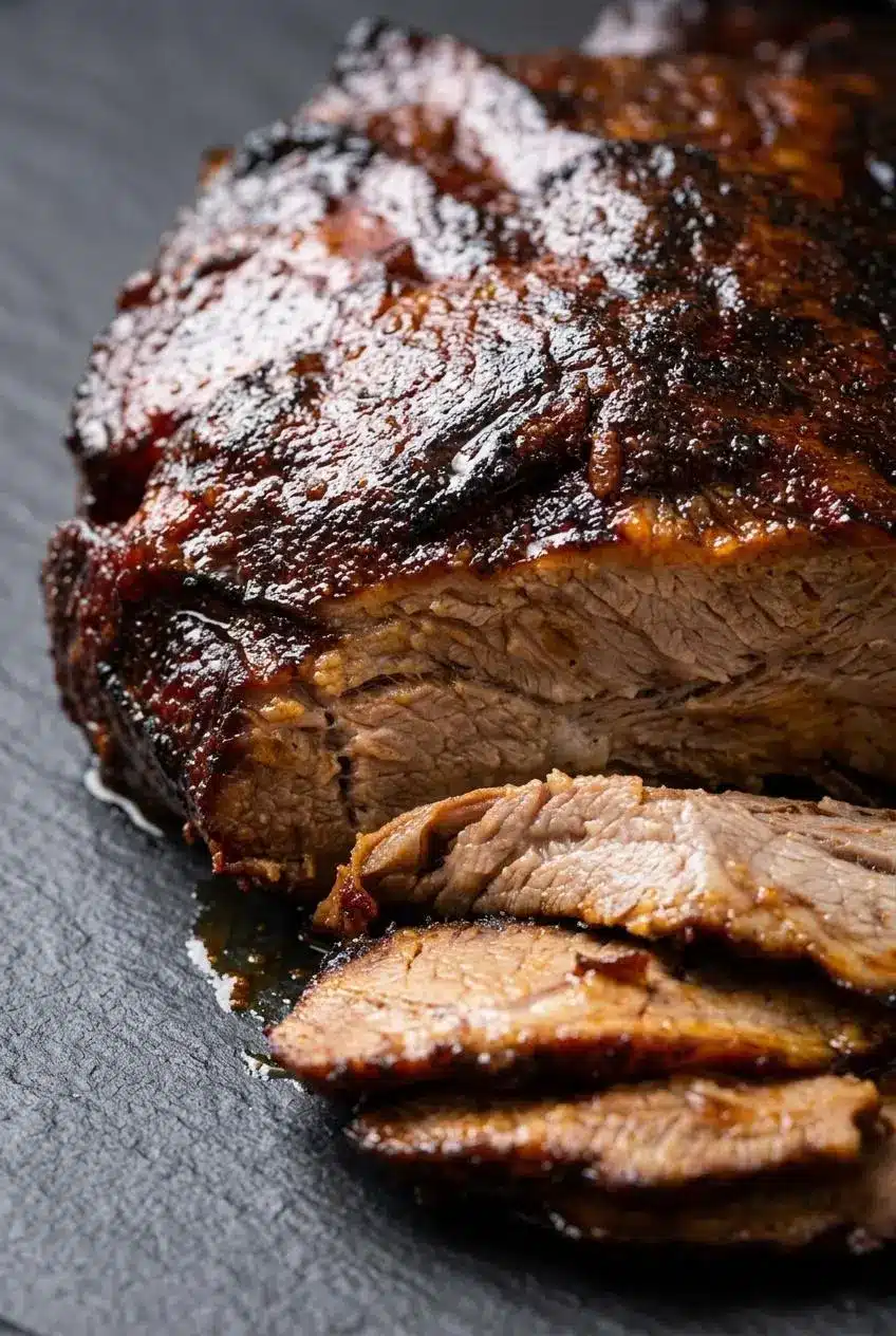Close up of caramelized slow cooker brisket slices showing tender beef fibers and sticky barbecue glaze.