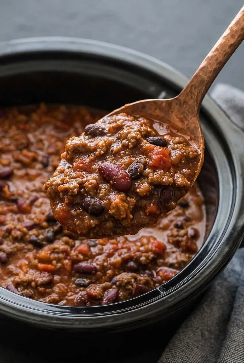 Metal spoon lifting a thick scoop of slow cooker beef chili with black beans, kidney beans, and spiced tomato sauce.