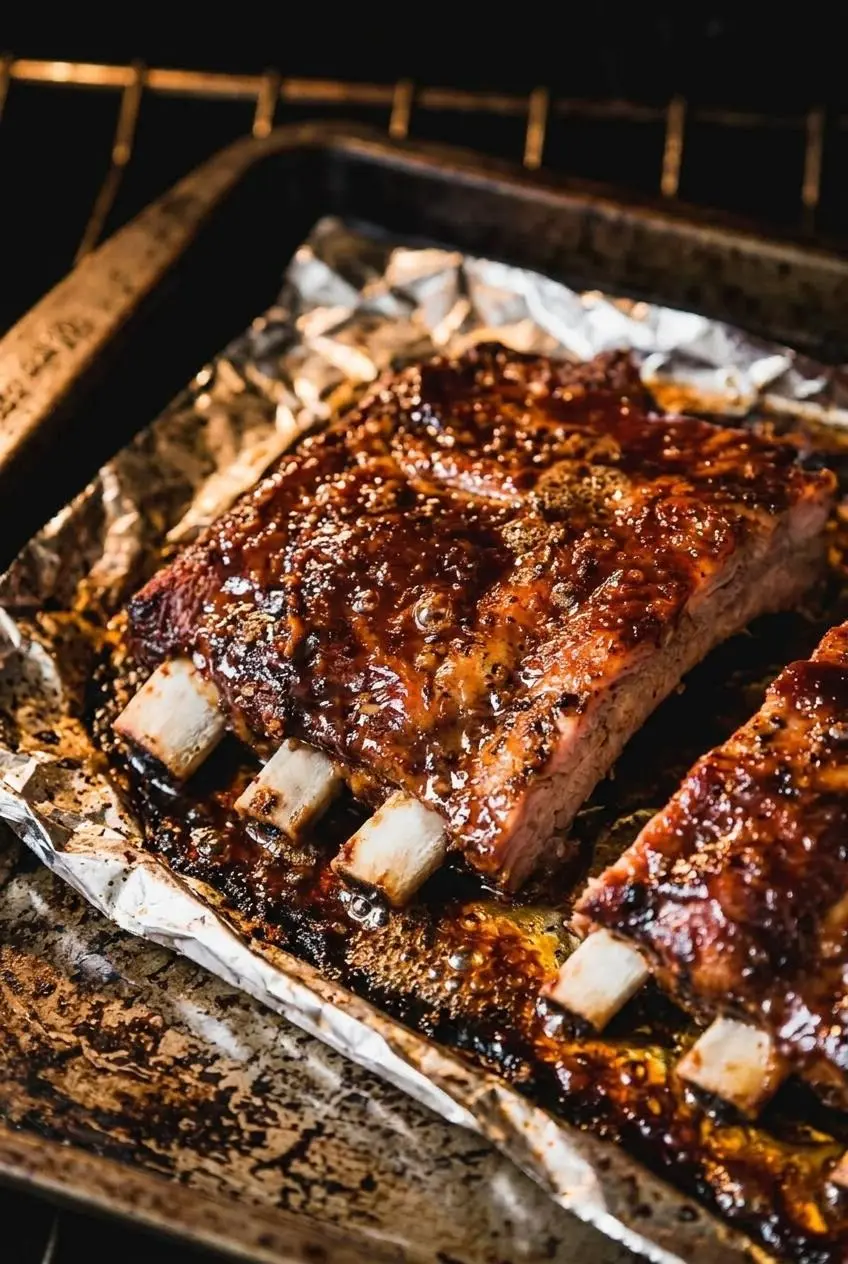 Caramelized barbecue ribs bubbling on a foil-lined baking sheet fresh from the broiler.