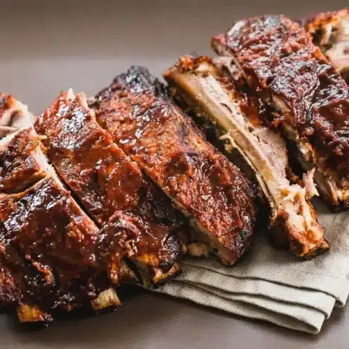 Tender slow cooker ribs recipe with a caramelized barbecue glaze on a serving plate.