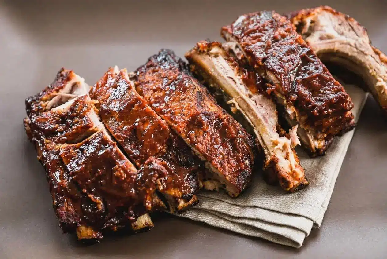 Tender slow cooker ribs recipe with a caramelized barbecue glaze on a serving plate.