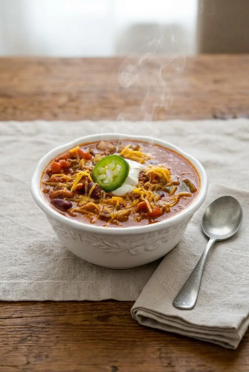 Warm bowl of slow-cooked chili served on a wooden dining table with a vintage soup spoon.