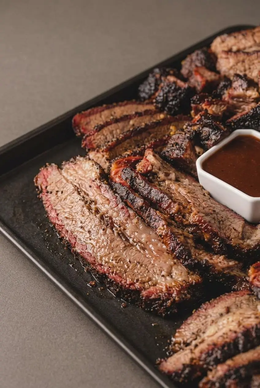 Macro close-up of tender smoked brisket slices showing a coarse pepper bark and rosy pink smoke ring.