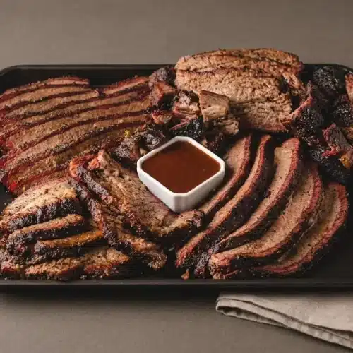 Smoked brisket recipe with a dark peppery bark, defined pink smoke ring, and juicy, tender slices.