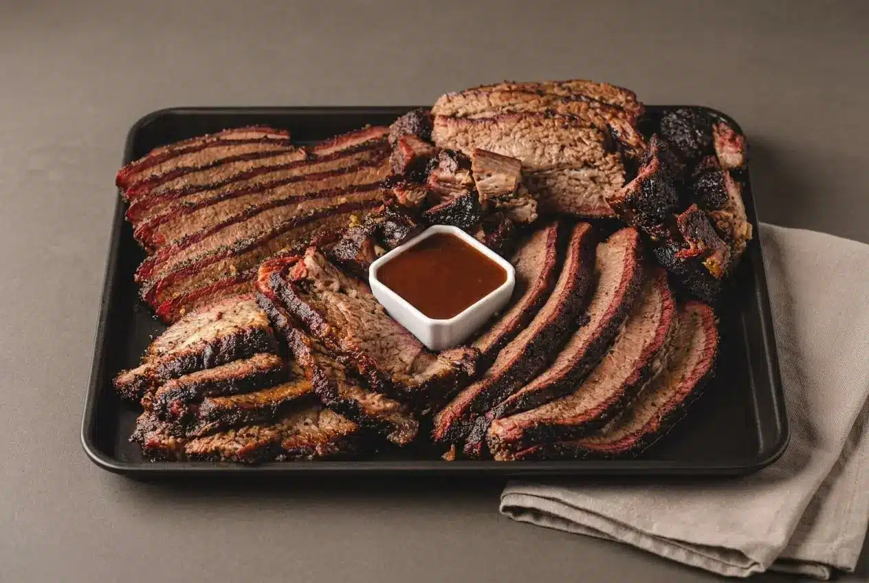 Smoked brisket recipe with a dark peppery bark, defined pink smoke ring, and juicy, tender slices.