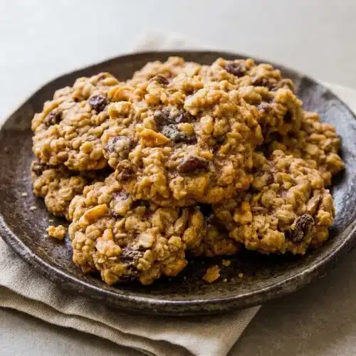 Chewy oatmeal raisin cookies with golden-brown edges, rolled oats, and plump dark raisins.