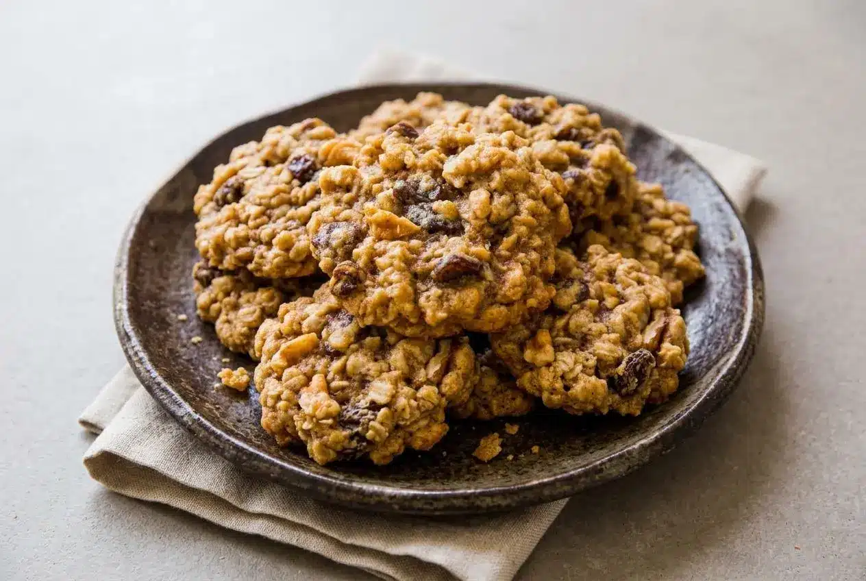 Chewy oatmeal raisin cookies with golden-brown edges, rolled oats, and plump dark raisins.