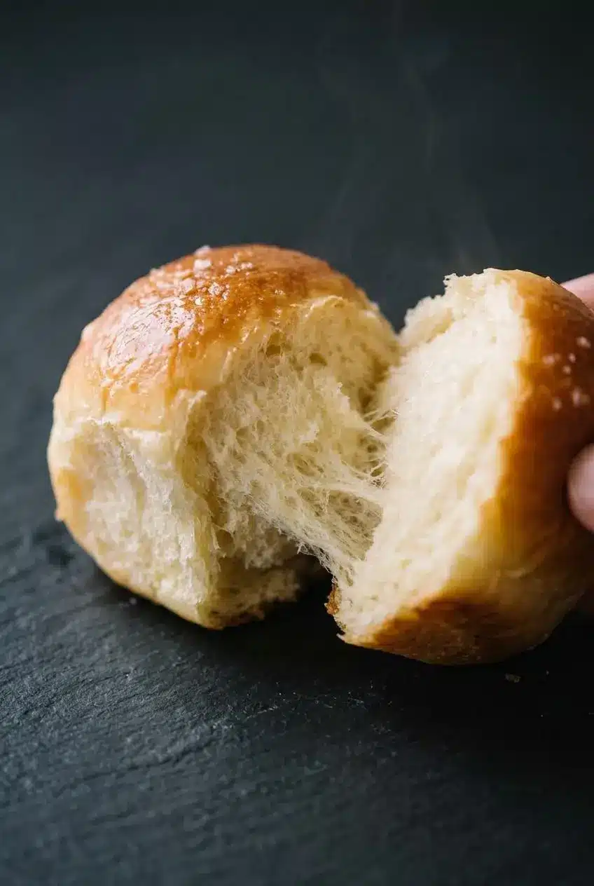 Warm dinner roll pulled apart showing a soft, cloudlike interior crumb.