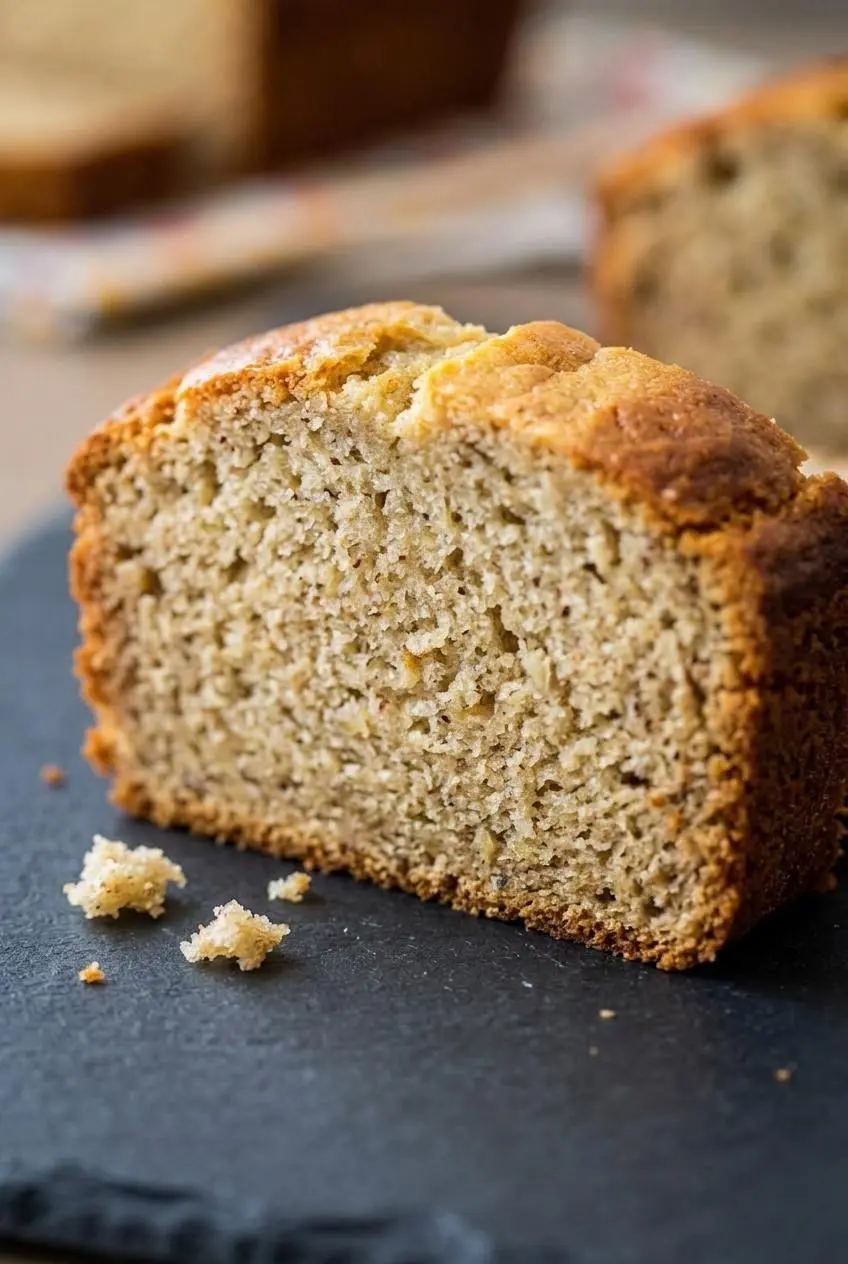 Close-up of moist sour cream banana bread crumb showing airy pockets and soft banana flecks.