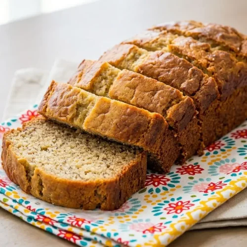 Golden brown sour cream banana bread loaf sliced to reveal a moist and tender crumb.