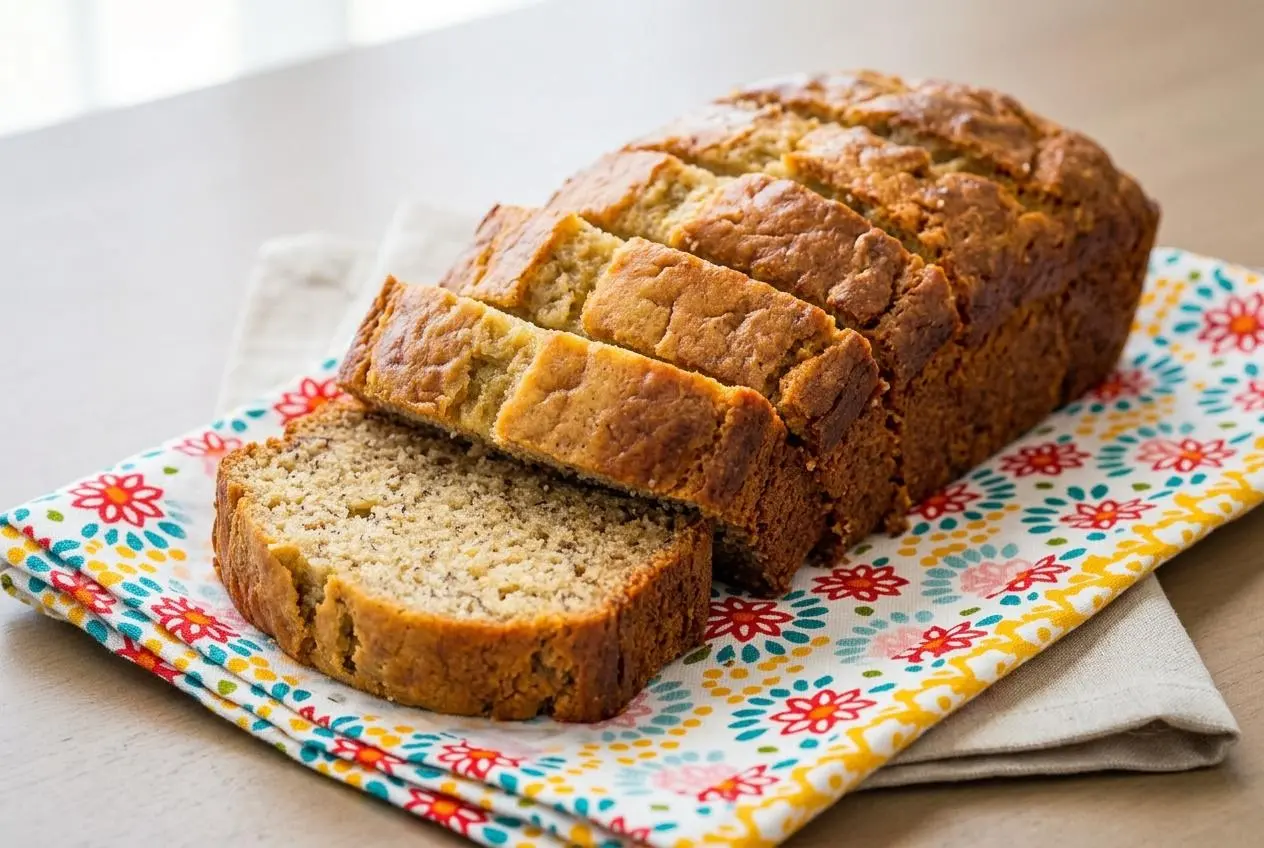 Golden brown sour cream banana bread loaf sliced to reveal a moist and tender crumb.