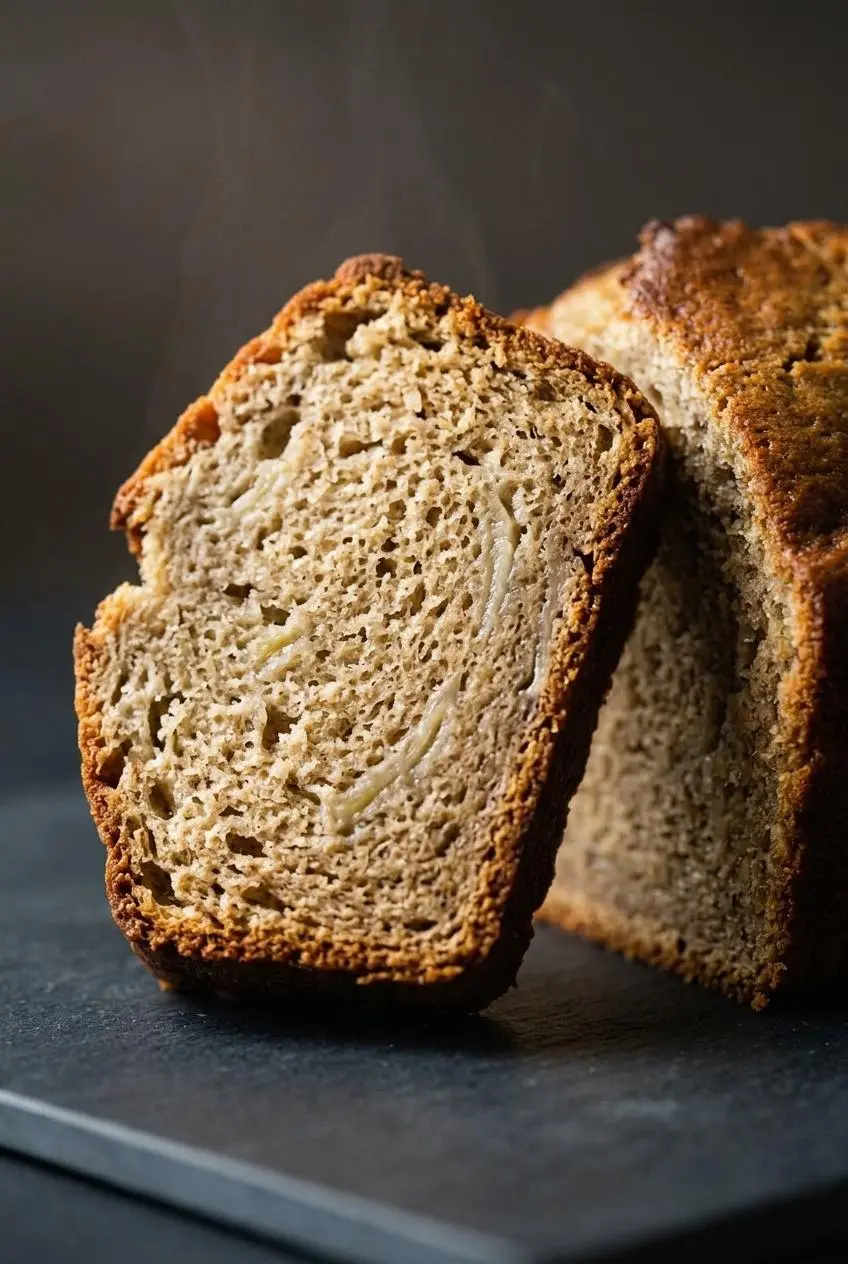 Macro slice of baked sourdough banana bread showing aerated crumb texture and caramelized mahogany crust.