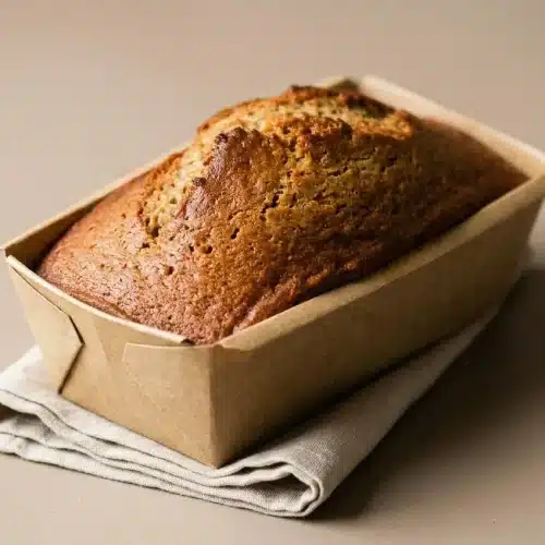 Tender sourdough banana bread loaf with a caramelized golden split crust sliced on a cutting board.