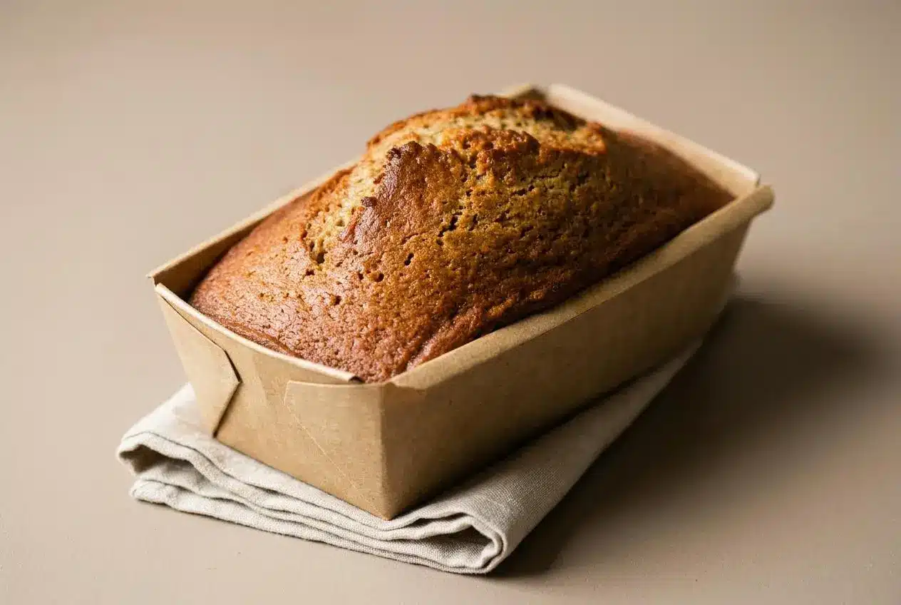 Tender sourdough banana bread loaf with a caramelized golden split crust sliced on a cutting board.