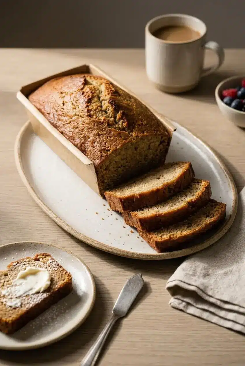 Slices of sourdough banana bread arranged on a ceramic platter served with mascarpone cheese.