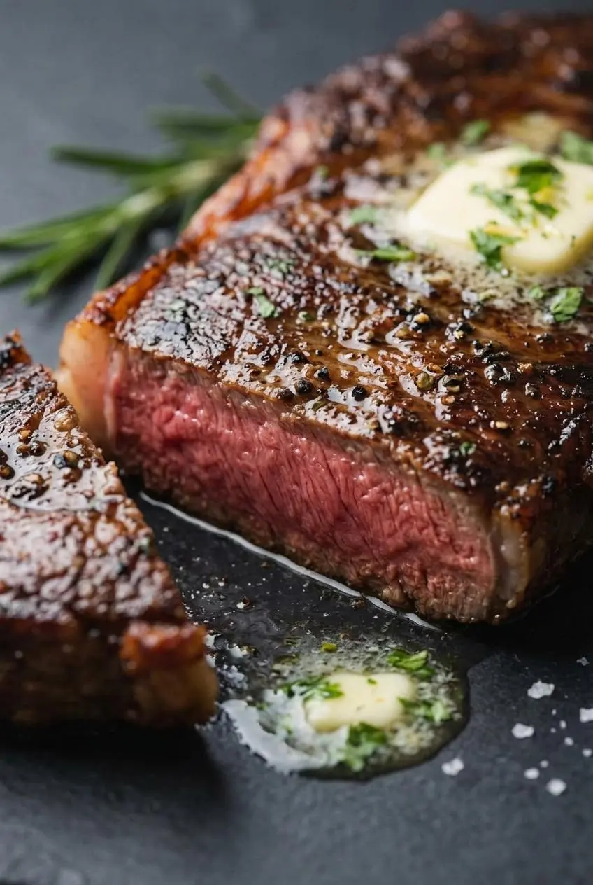 Macro view of sliced sous vide steak showing edge-to-edge medium-rare doneness and crisp caramelized crust.