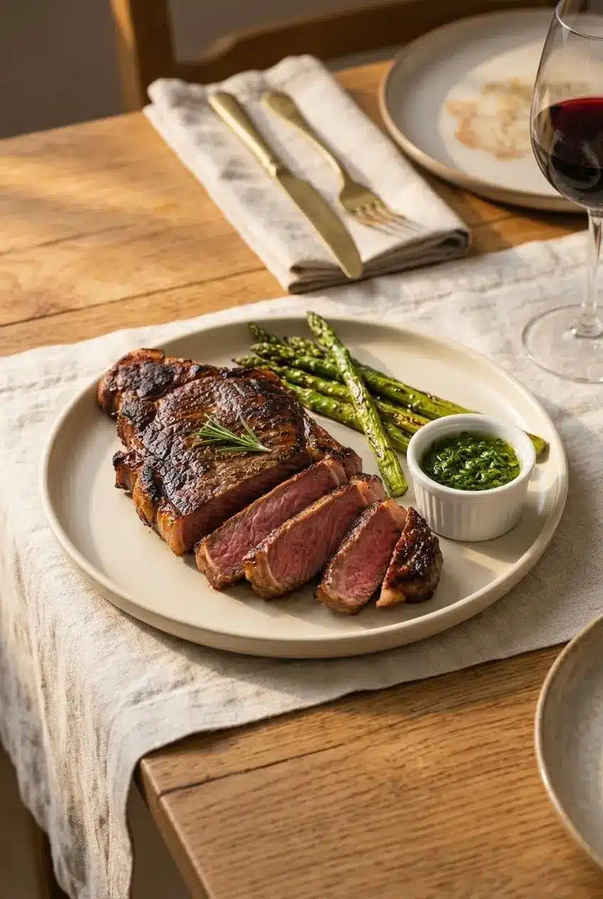 Carved sous vide strip steak plated with roasted asparagus and vibrant green chimichurri sauce.