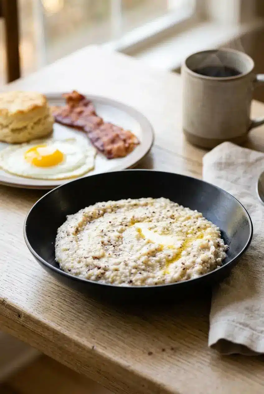 Warm bowl of stone-ground grits served with a sunny-side-up egg, crispy bacon, and a buttermilk biscuit.
