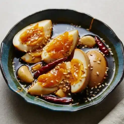 Soy eggs recipe featuring halved marinated eggs with glossy amber whites and rich jammy yolks.