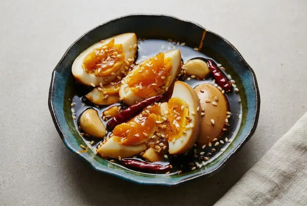Soy eggs recipe featuring halved marinated eggs with glossy amber whites and rich jammy yolks.