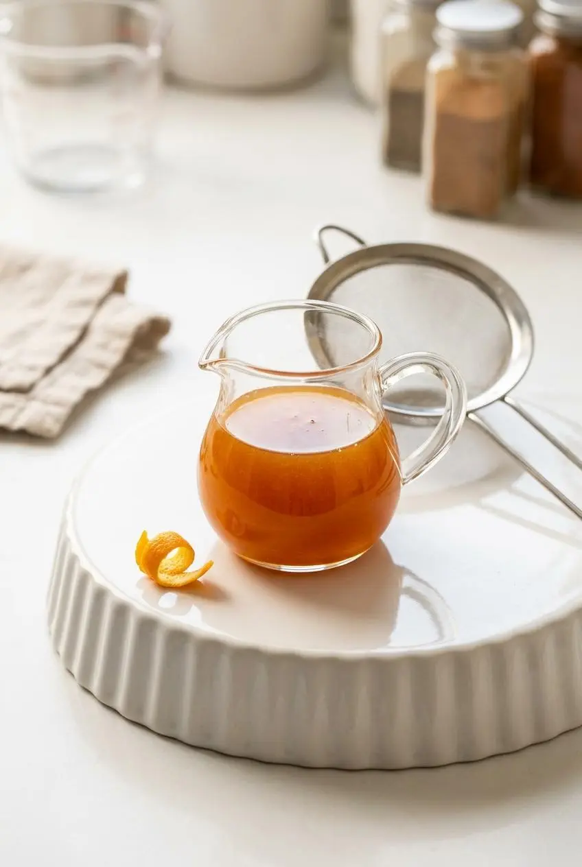 Strained amber carrot cake syrup in a small glass pitcher beside a fine-mesh sieve and orange peel.
