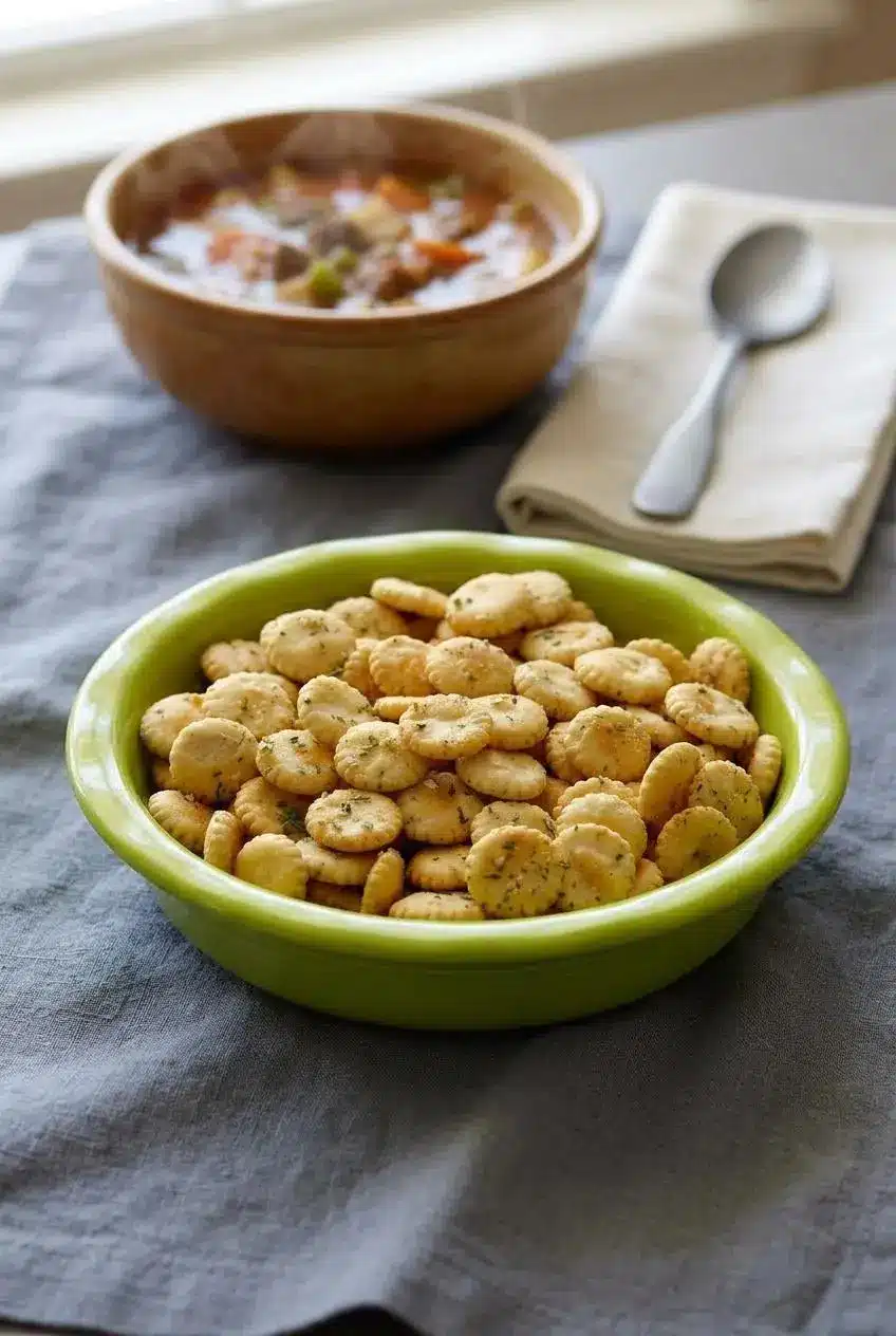 Ceramic bowl of spicy ranch oyster crackers served alongside a warm bowl of vegetable soup.