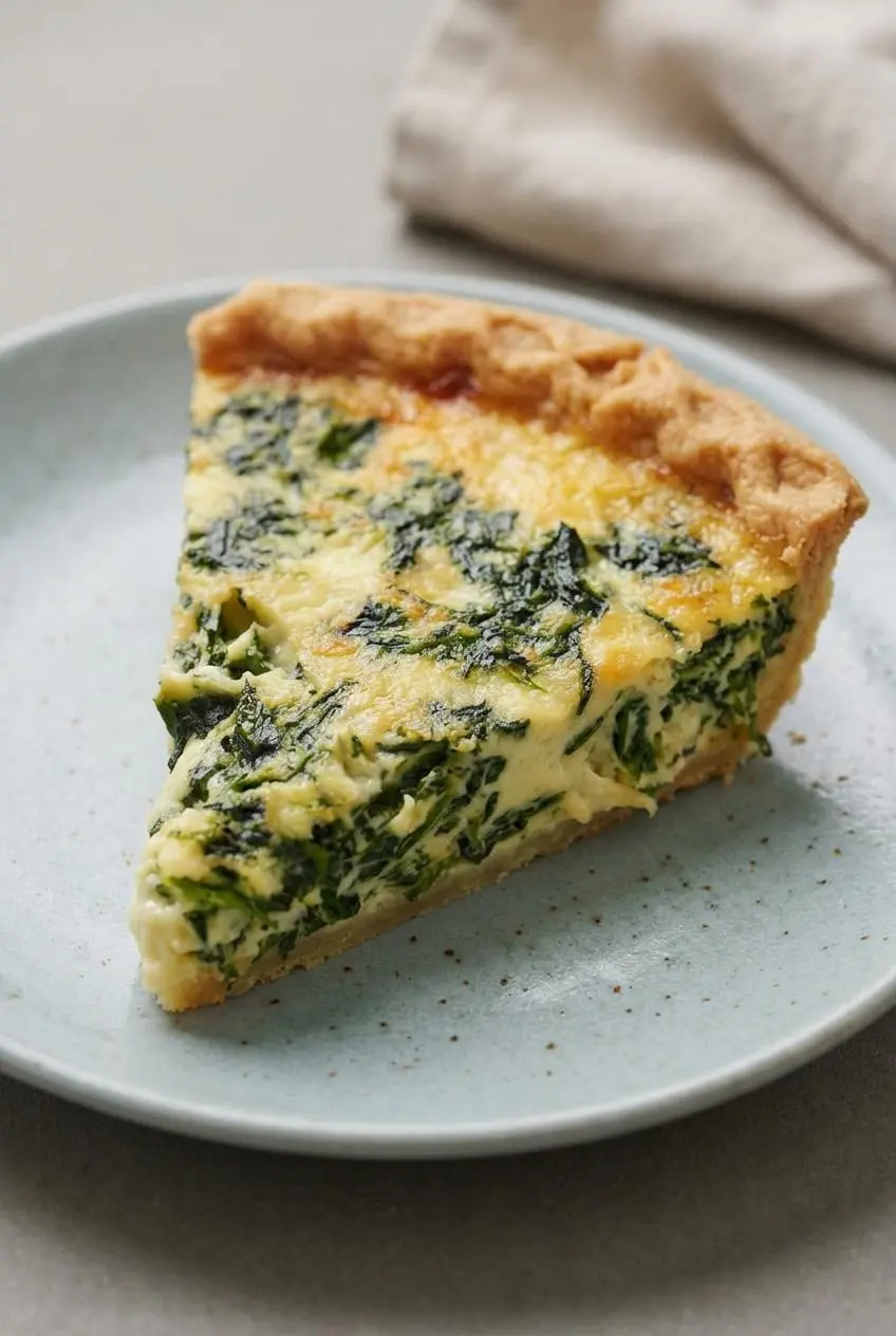 Close-up slice of spinach quiche showing flaky bottom crust and creamy egg custard with Gruyère.