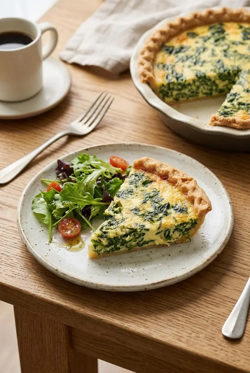 Plated slice of warm spinach quiche served alongside a crisp mixed green salad on a brunch table.