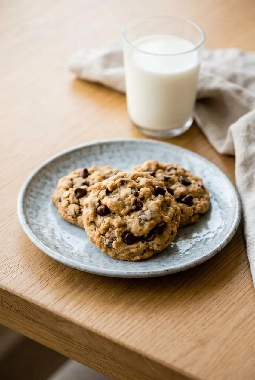 Stack of three peanut butter oatmeal cookies on a plate beside a glass of cold milk.