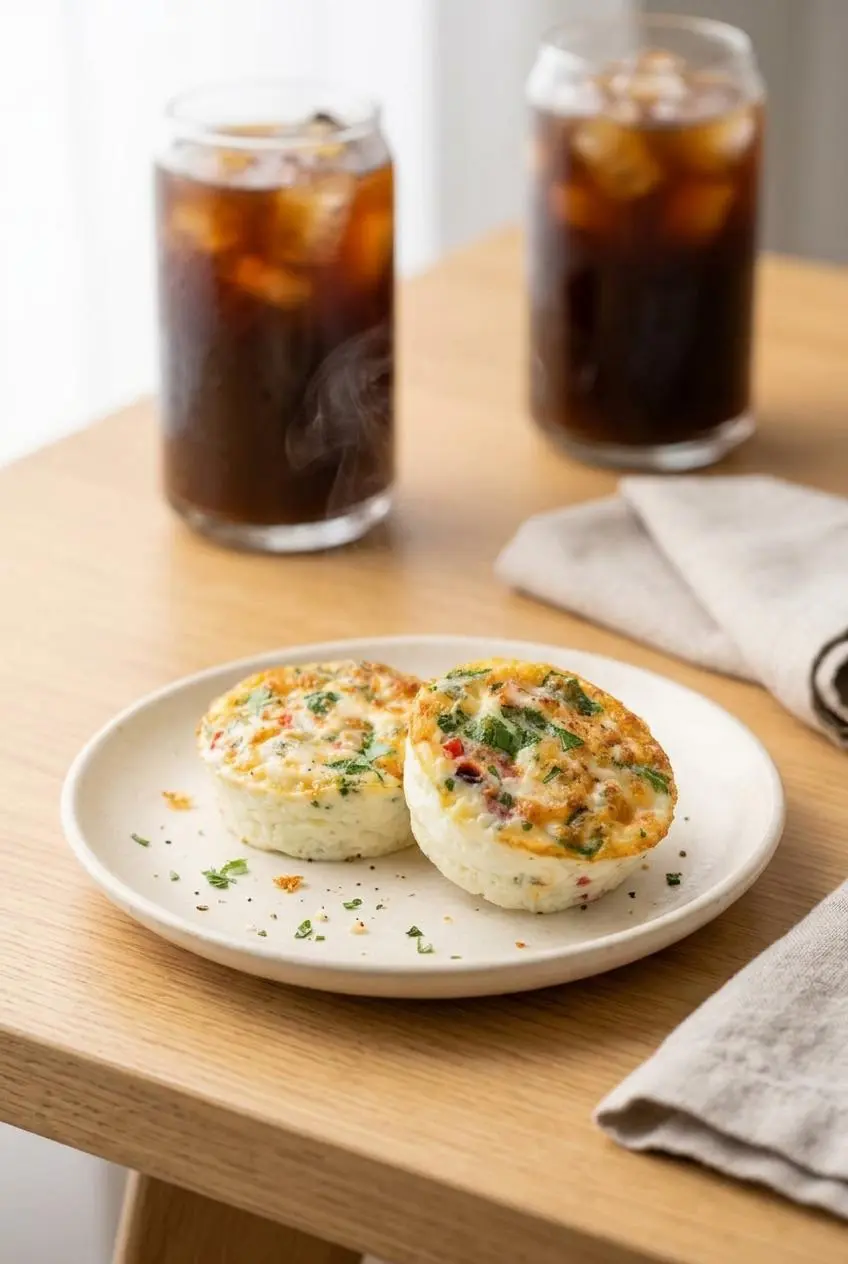 Two warm starbucks egg white bites on a ceramic plate beside an iced cold brew coffee.