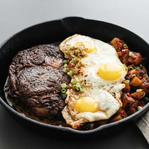 Steak and eggs recipe featuring seared ribeye with a rich savory crust and sunny-side-up eggs.