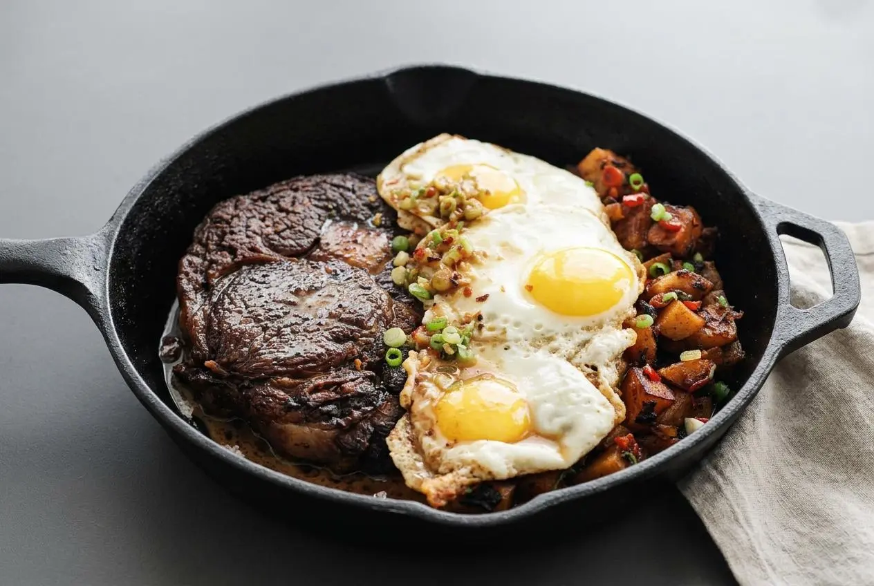 Steak and eggs recipe featuring seared ribeye with a rich savory crust and sunny-side-up eggs.