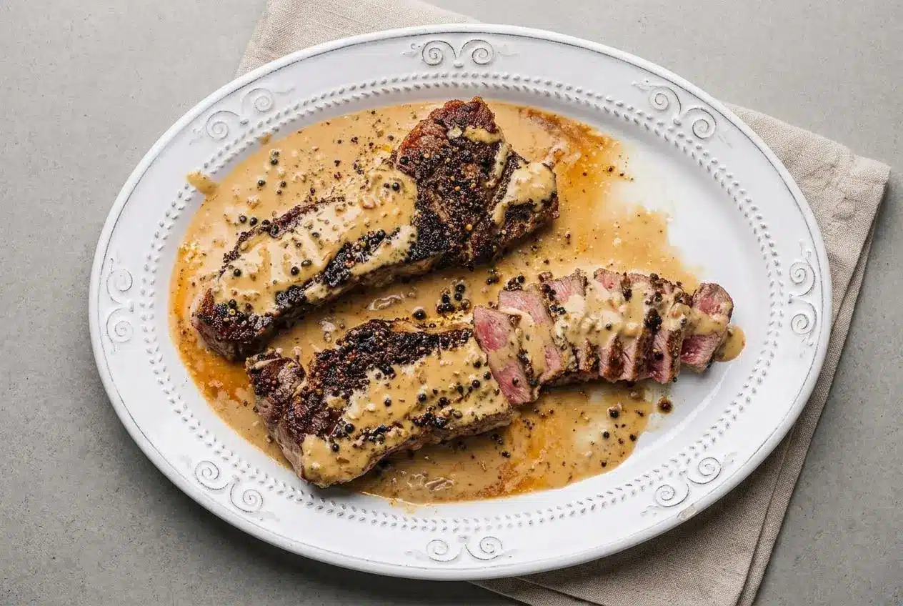 Steak au poivre recipe featuring seared strip steak with a cracked black peppercorn crust and glossy cream sauce.