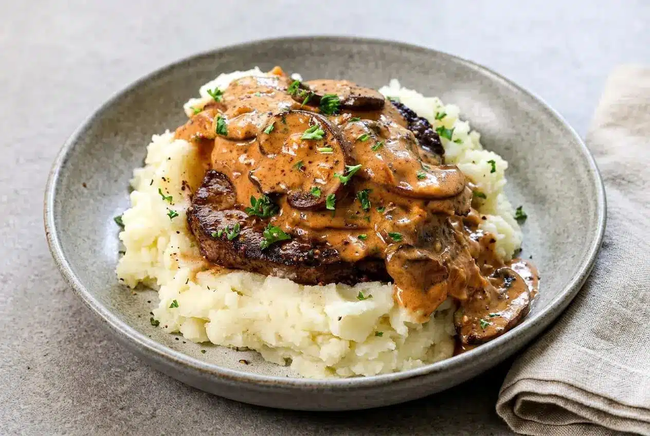 Seared steak diane medallions coated in glossy Dijon mushroom cream sauce with fresh parsley.