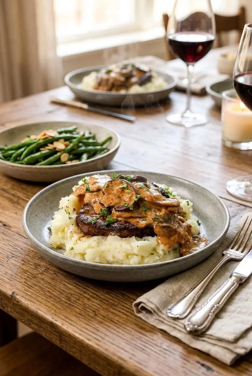 Plated steak diane served over creamy garlic mashed potatoes alongside crisp roasted green beans.